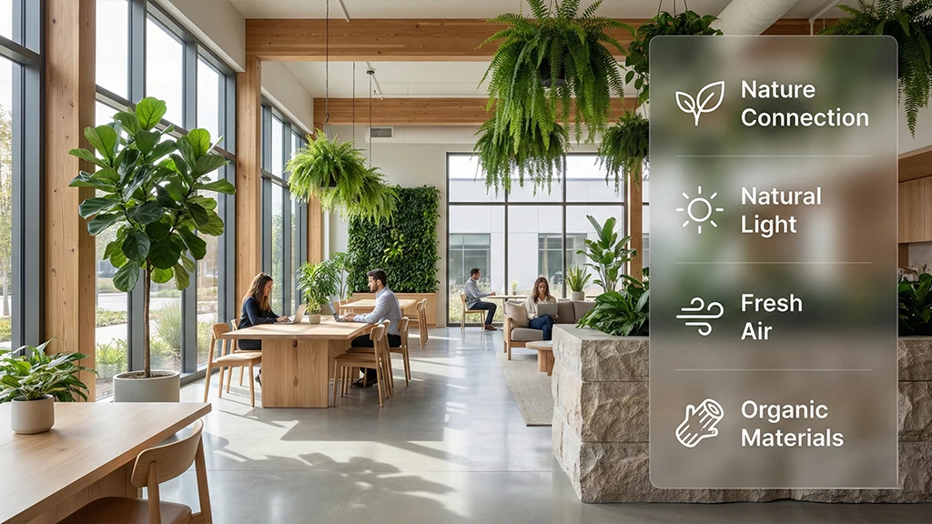 Nature-inspired office interior with "Biophilic Design" text overlay and lush indoor plants.