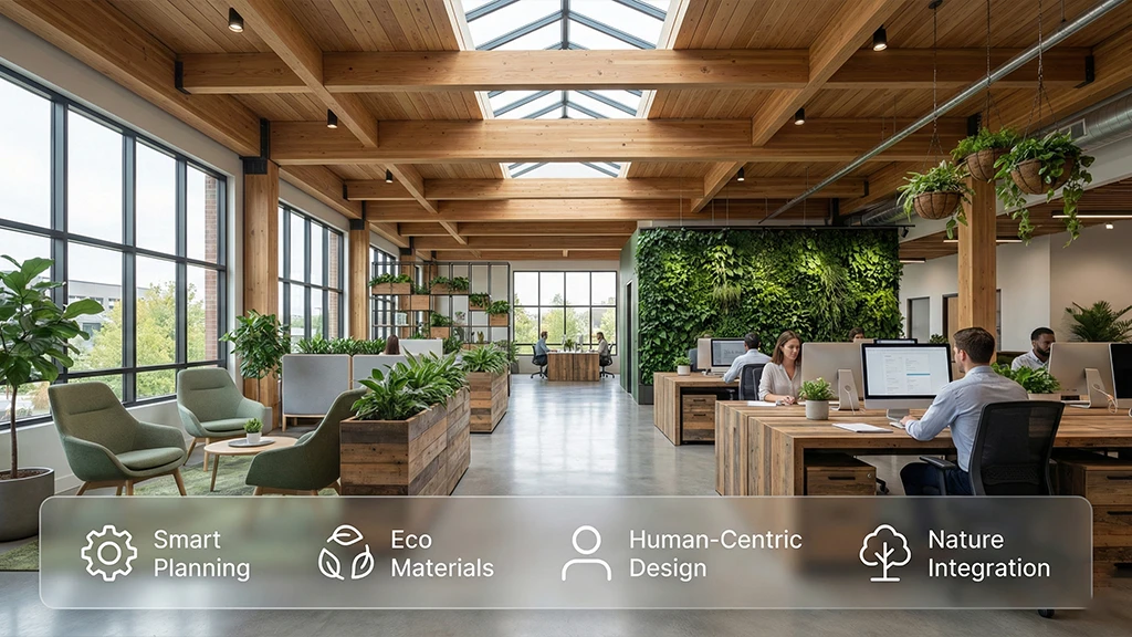 Modern sustainable office with hanging plants, a living wall, and large windows